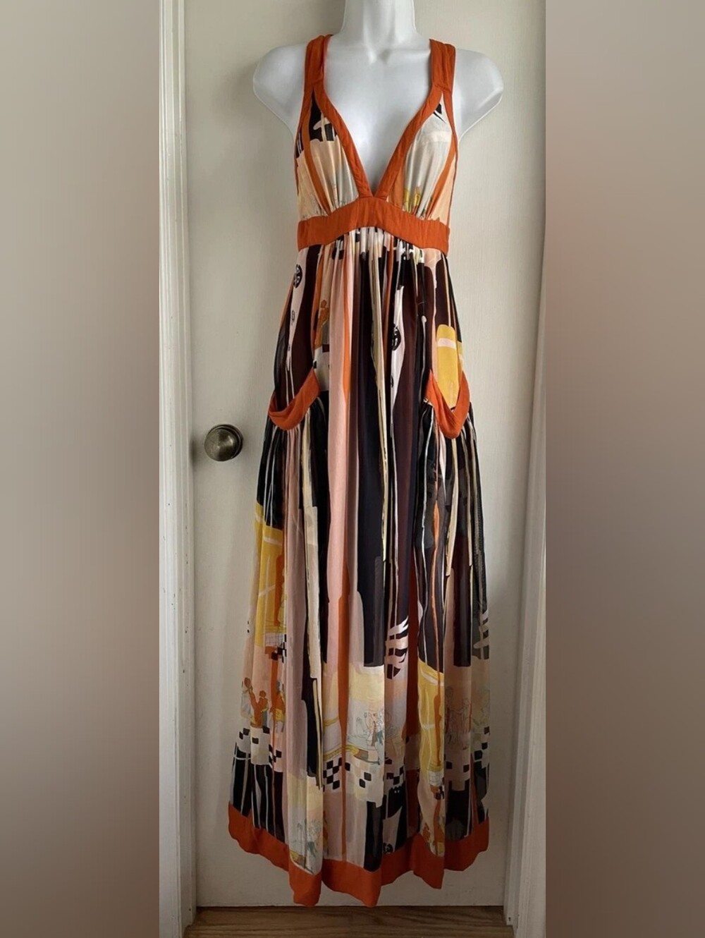 French Connection Empire Waist Maxi Dress Abstract Tennis People Print Dress 6